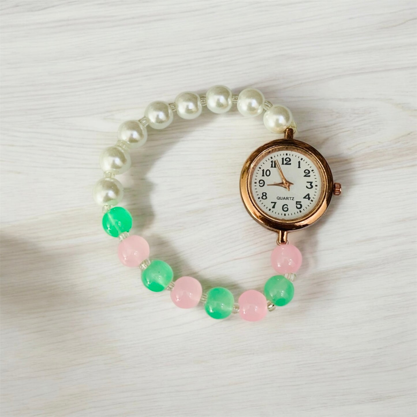 भारती Teal Pink & Silver Pearls Beads Bracelet with Rose Gold Dial Watch