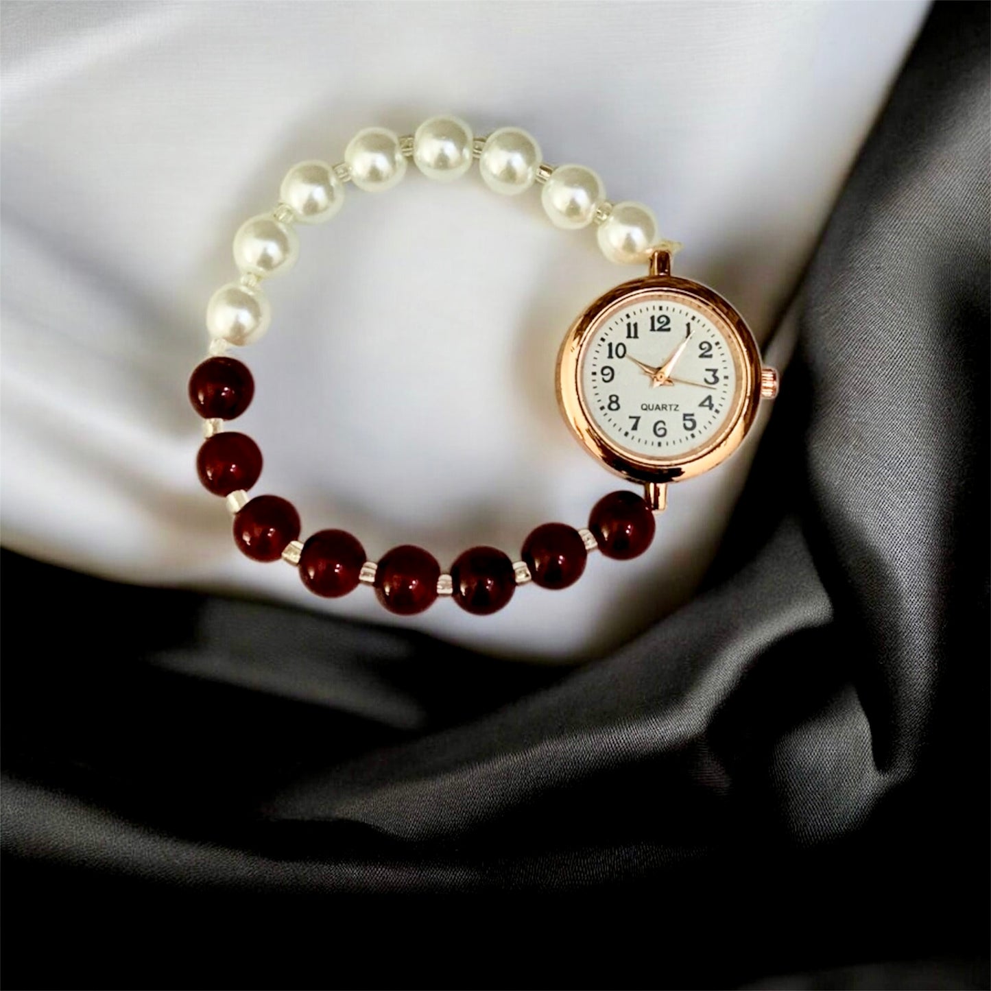 सावित्री Cheery & Silver Pearls Bead Bracelet with Rose Gold Dial Watch