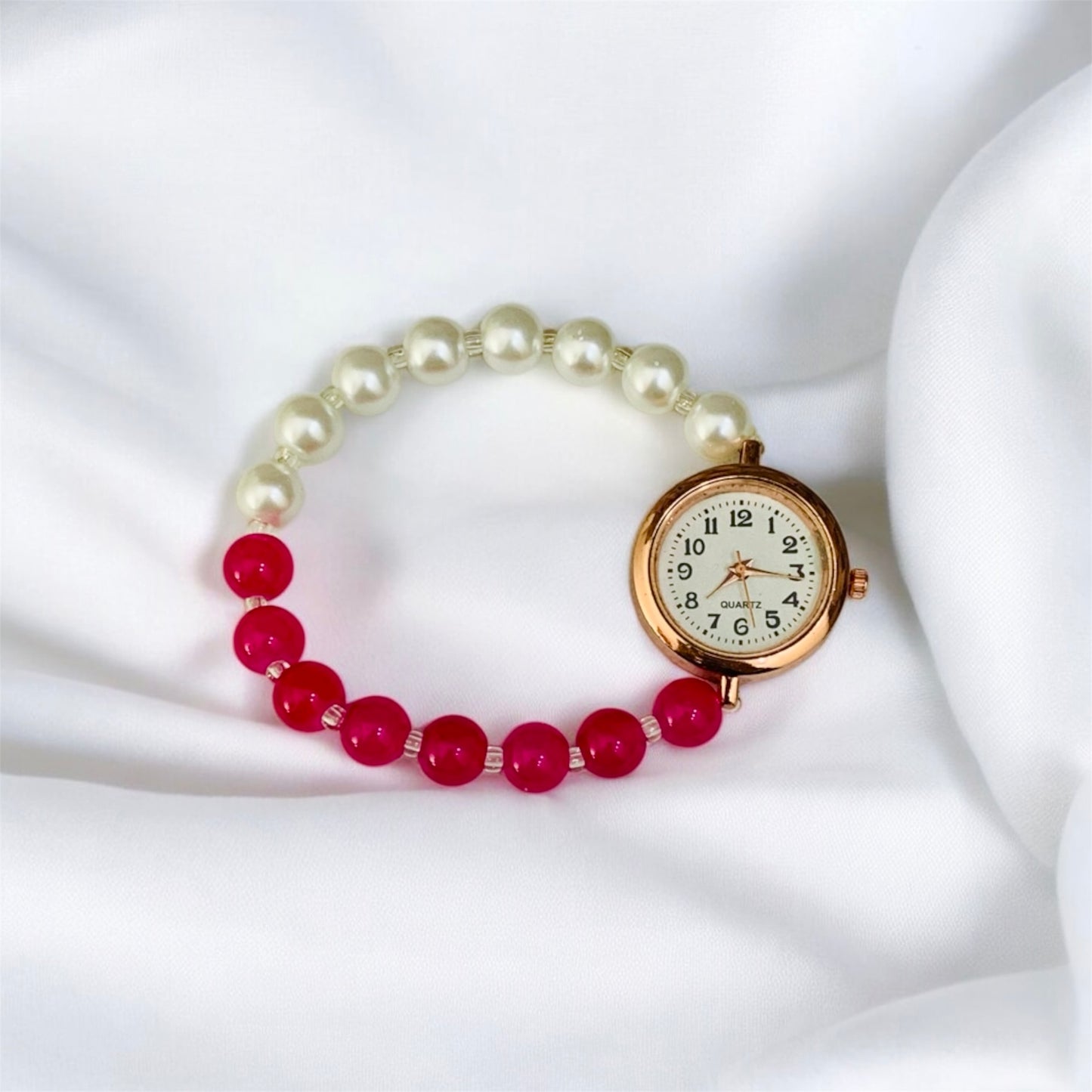 शारदा Dark Pink & Silver Pearls Bead Bracelet with Rose Gold Watch
