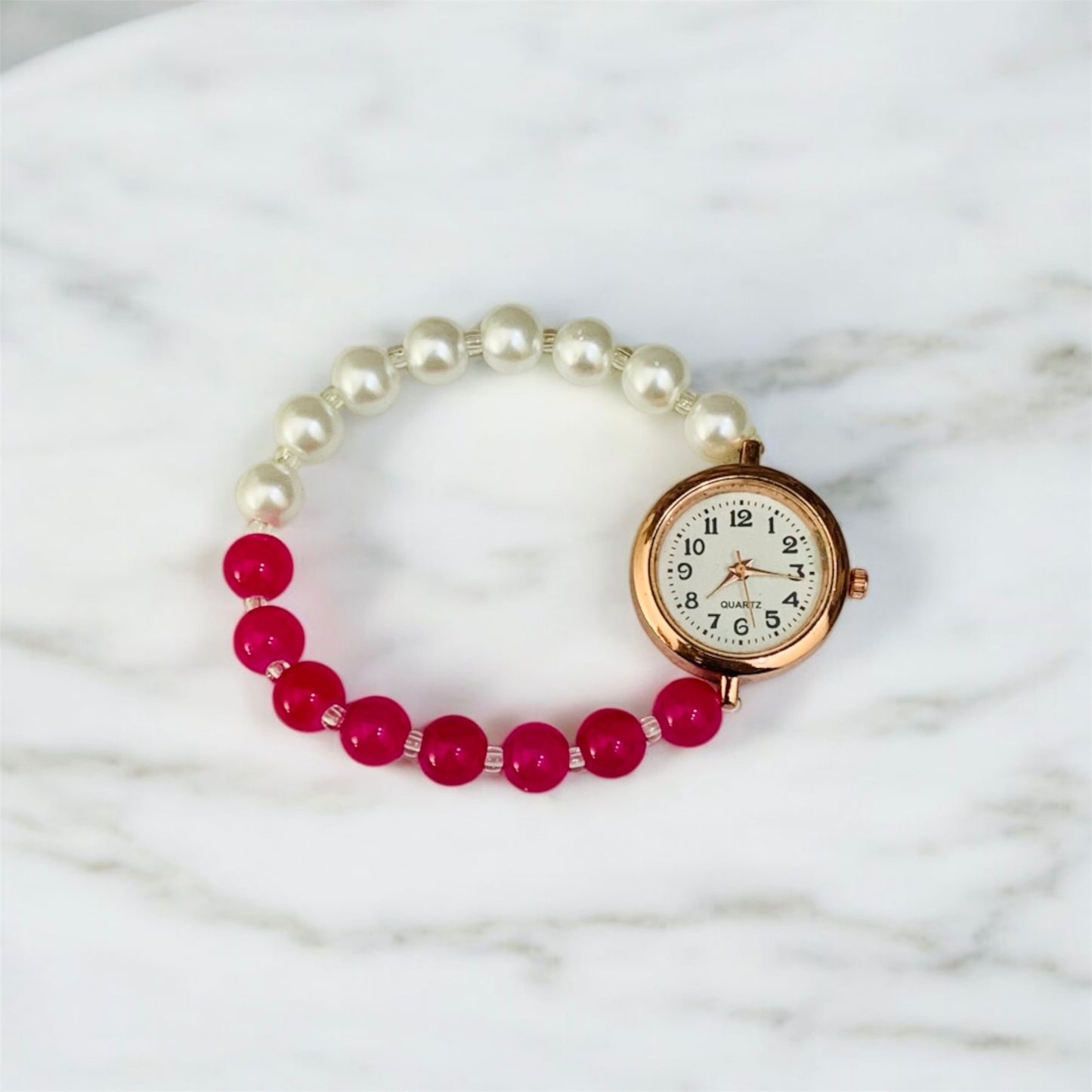 शारदा Dark Pink & Silver Pearls Bead Bracelet with Rose Gold Watch