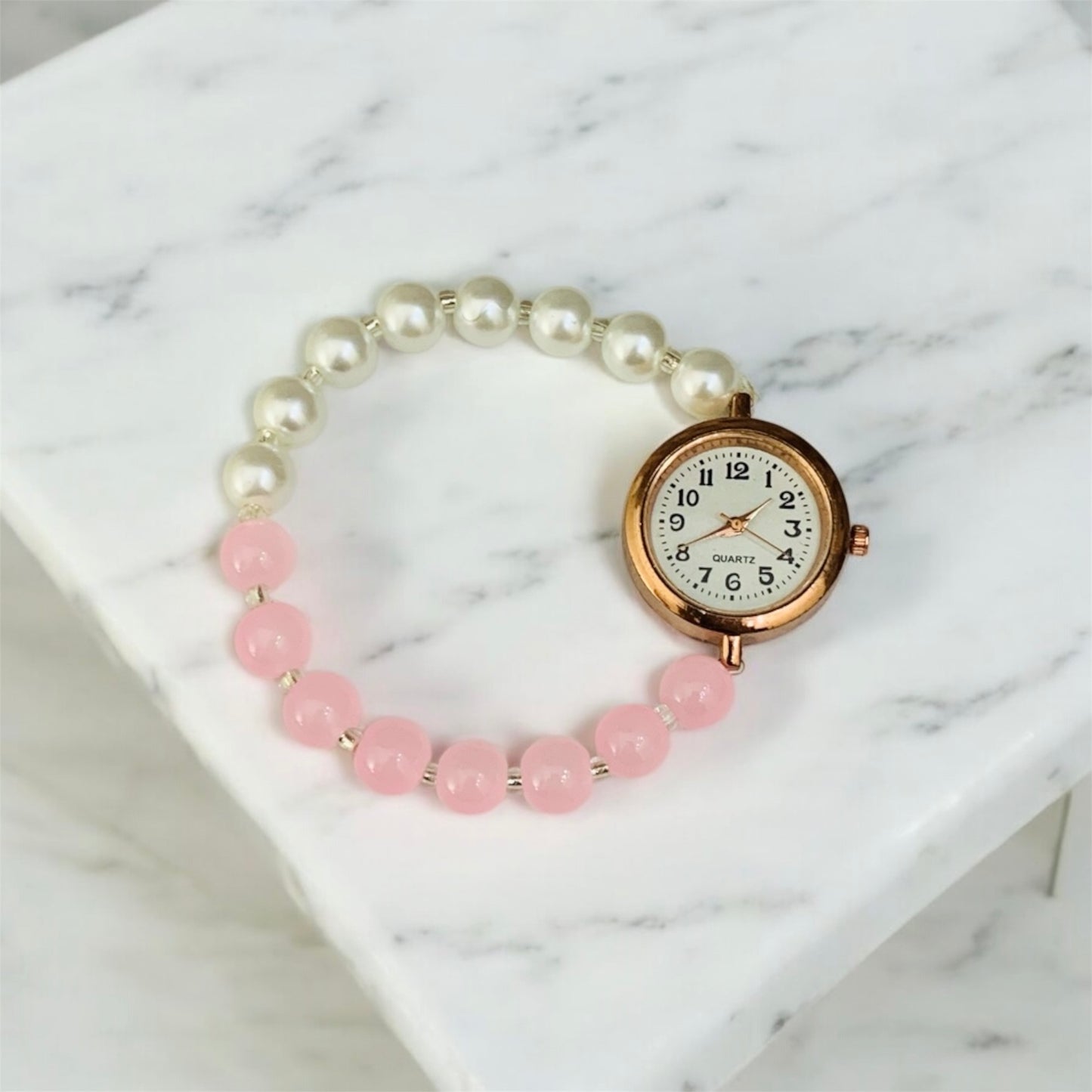 ब्राह्मणी Baby Pink & Silver Pearls Bead Bracelet with Rose Gold Dial Watch