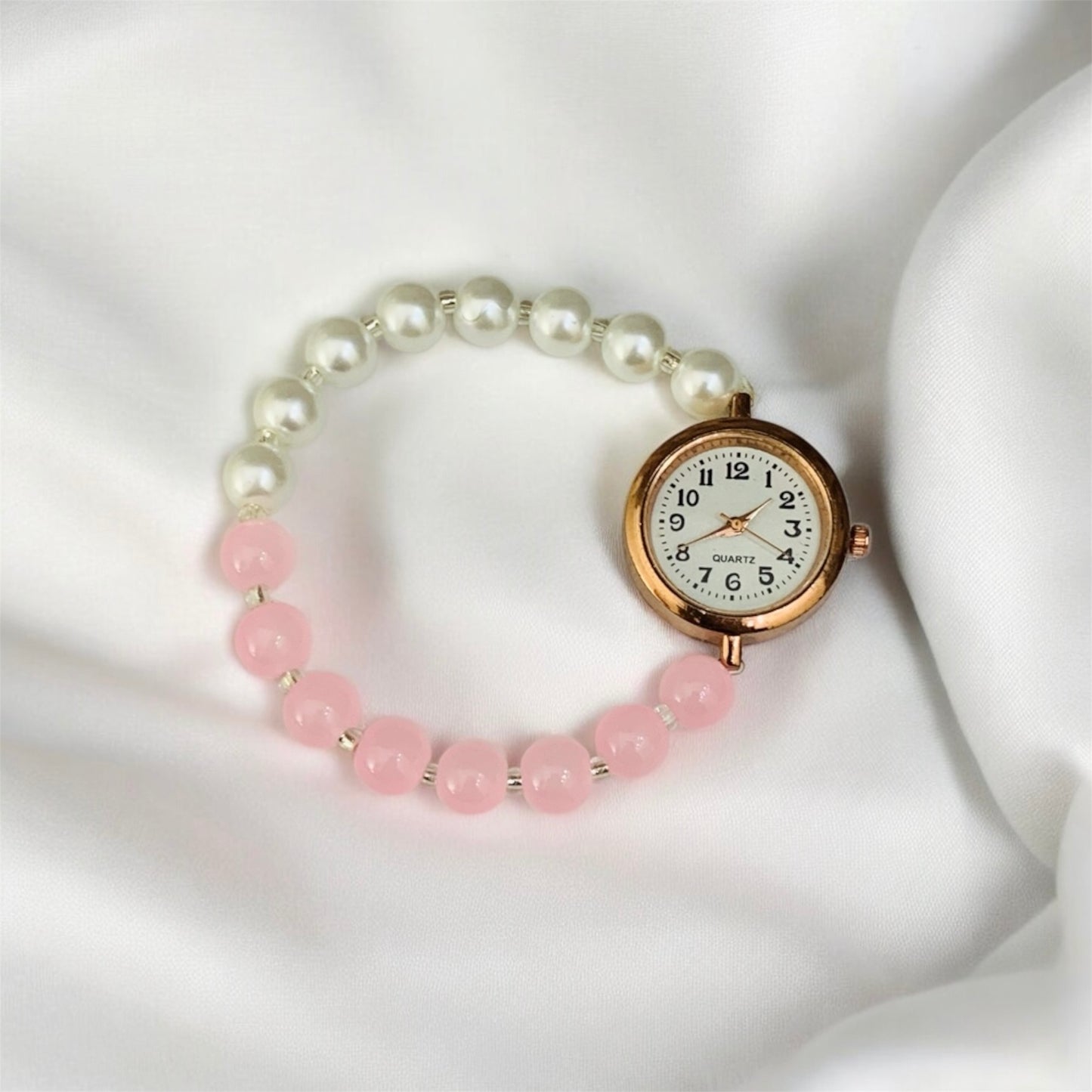 ब्राह्मणी Baby Pink & Silver Pearls Bead Bracelet with Rose Gold Dial Watch
