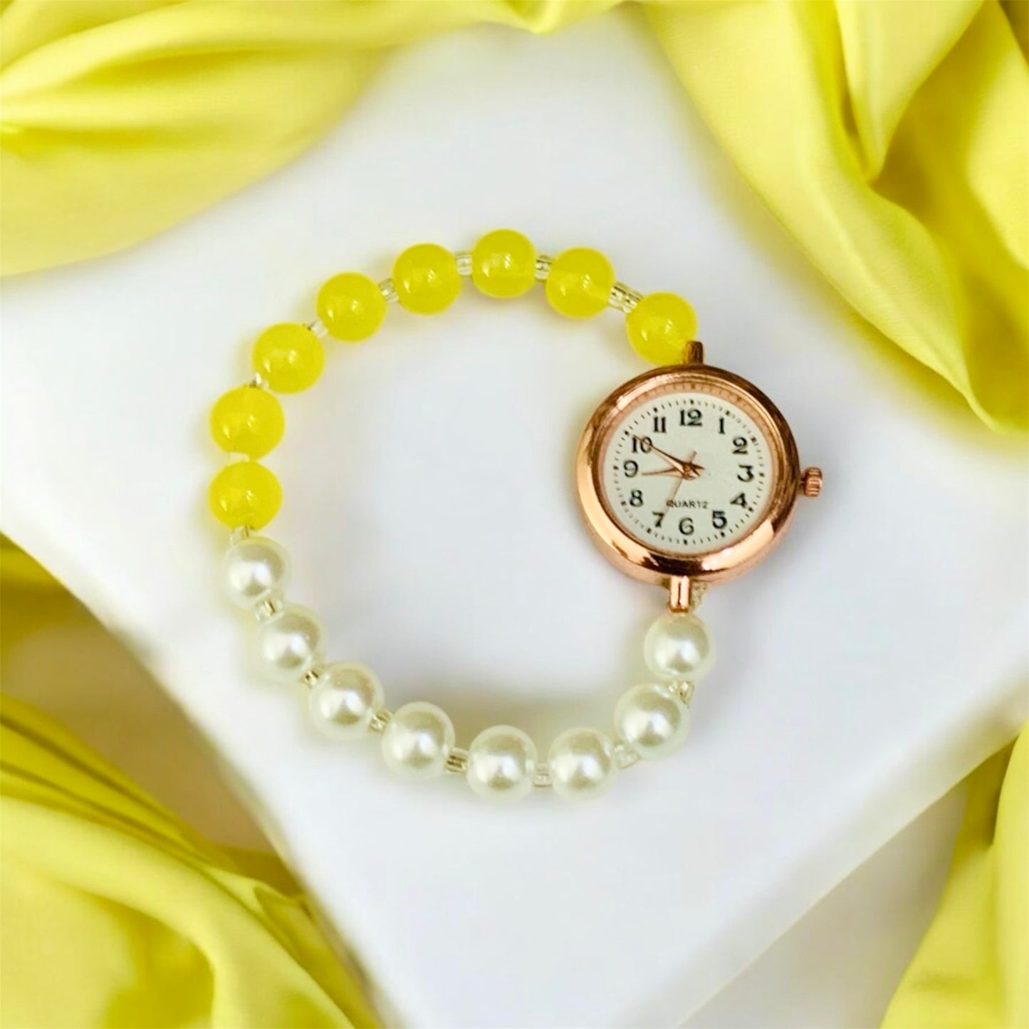 चंद्रिका Yellow & Silver Pearls Bead Bracelet With Rose Gold Dial Watch