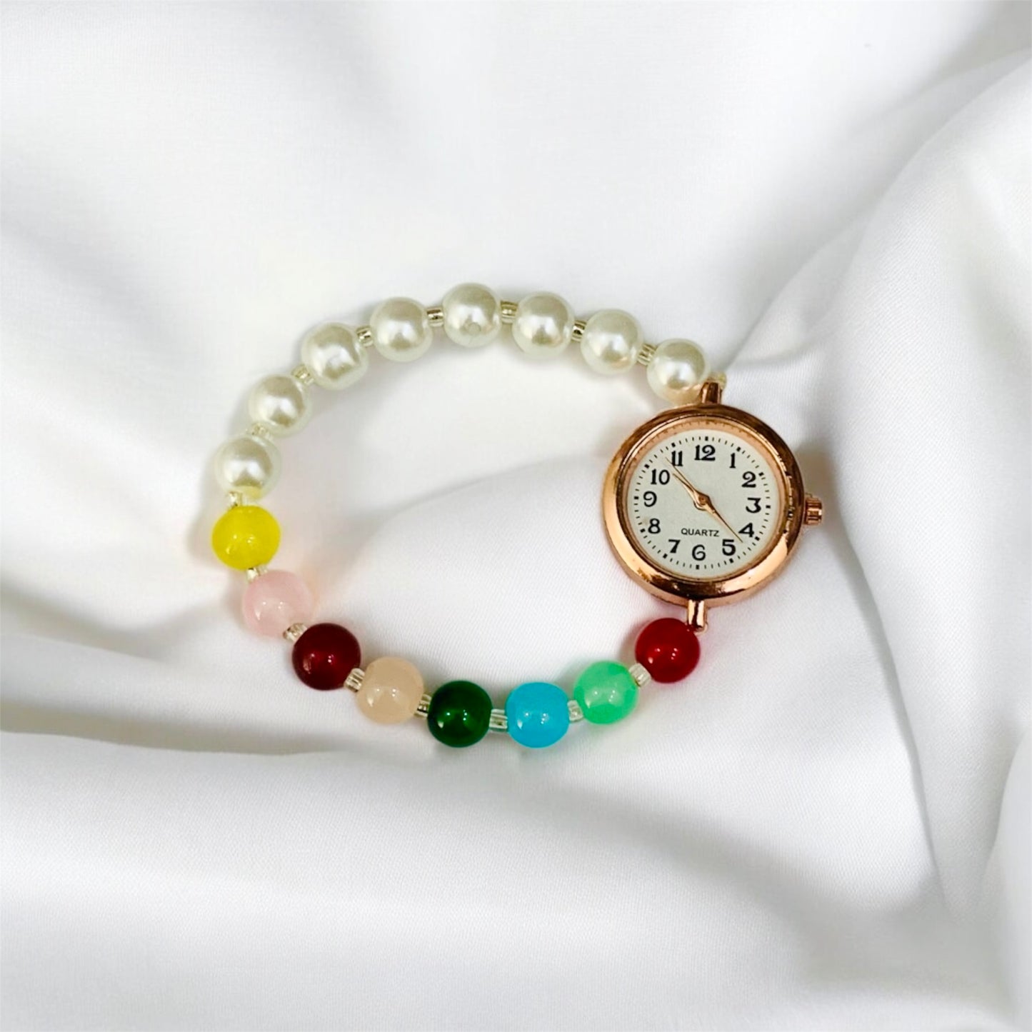 गोमती Multi-Color Pearls Bead Bracelet with Rose Gold Dial Watch
