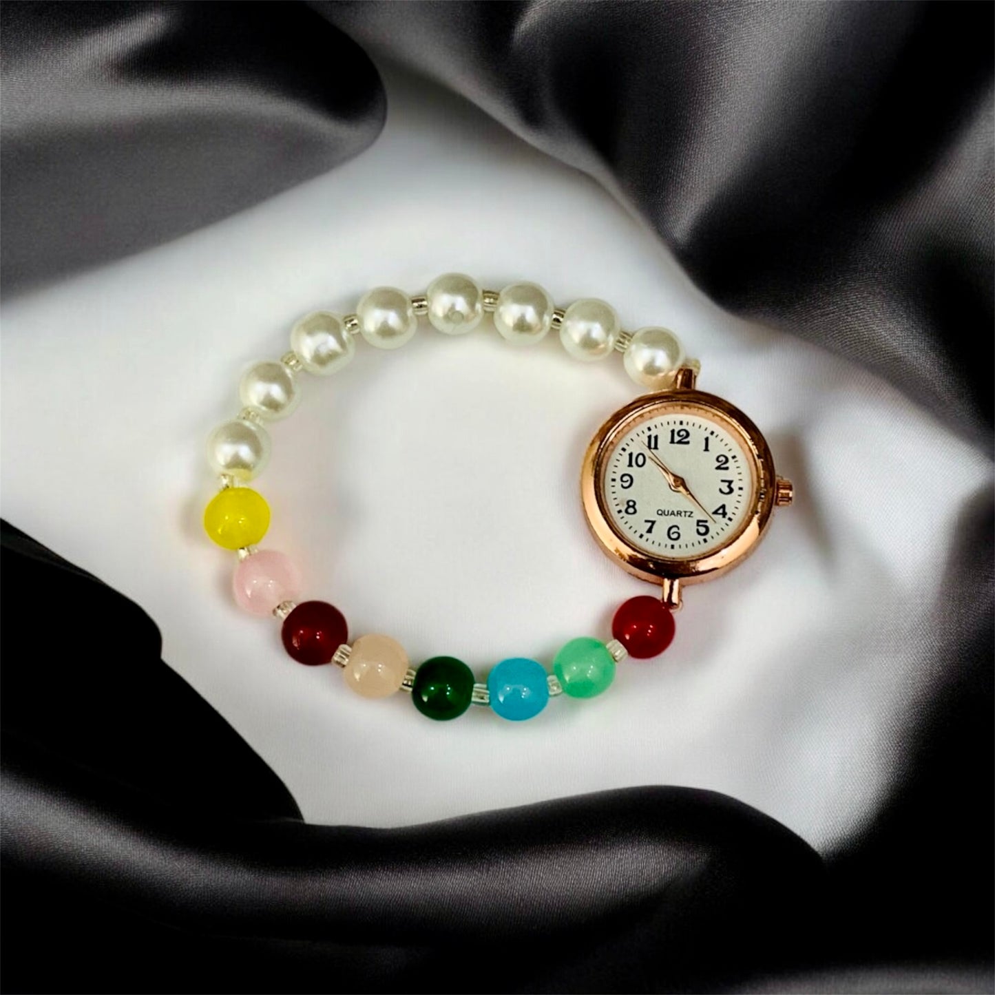 गोमती Multi-Color Pearls Bead Bracelet with Rose Gold Dial Watch