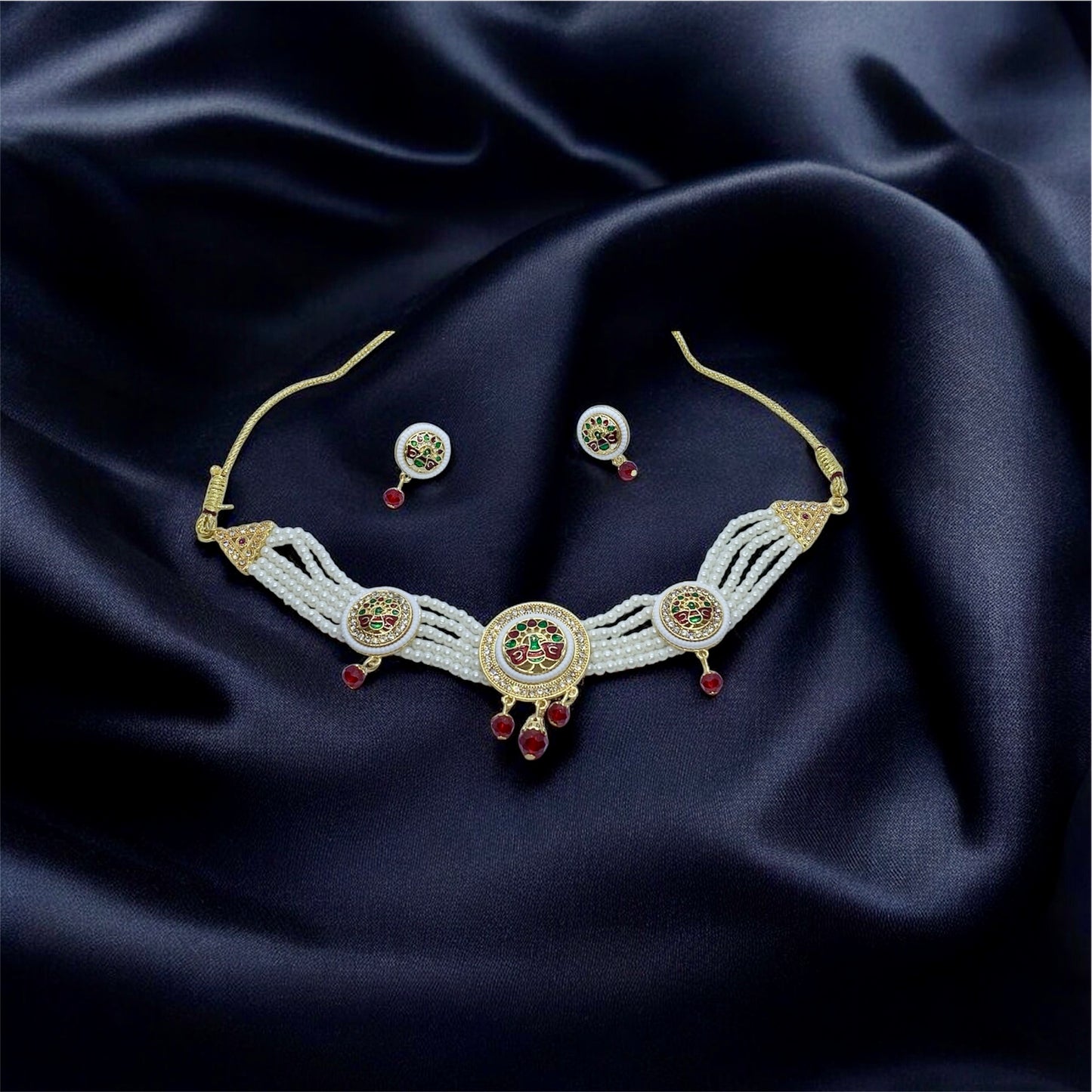 Traditional Kundan and Pearl Choker Necklace Set with Earrings for Women