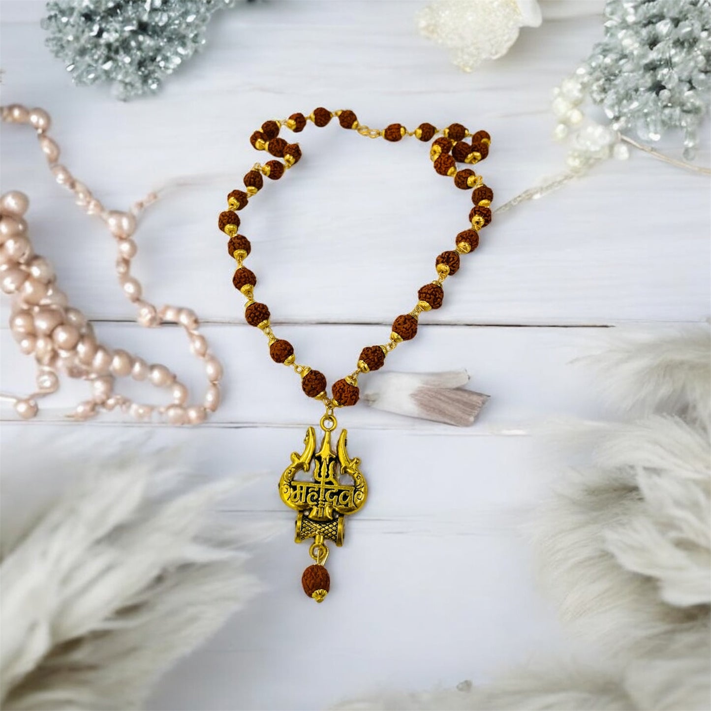 Mahadev Trishul Rudraksha mala front view — Trishul mala online India