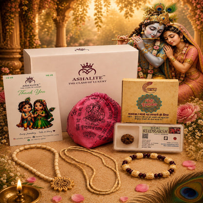 Complete Banke Bihari Combo set flat lay — Tulsi mala, Rudraksh, Brij Rajj and Gomukhi Jaap Bag by Ashalite — buy spiritual combo online India