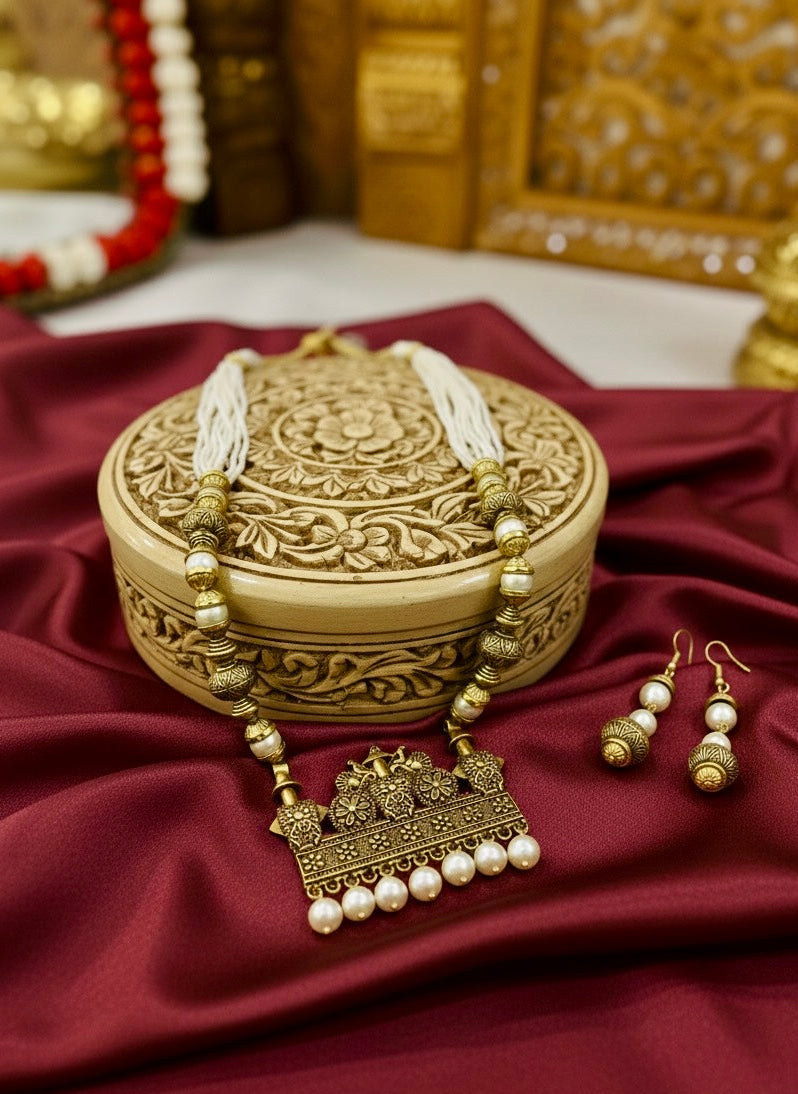 Vishakha pearl temple necklace front view — gold plated artificial necklace set online India