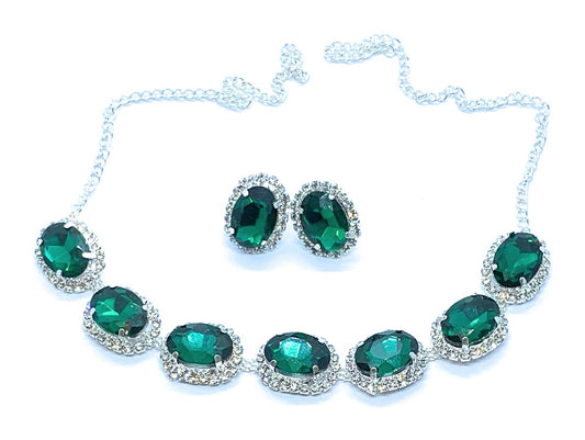 Elegant Green Gemstone Necklace & Earring Set with Crystal Accents