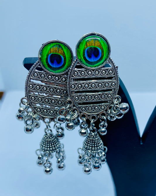 Oxidized Silver Peacock Eye Earrings with Jhumka Bells