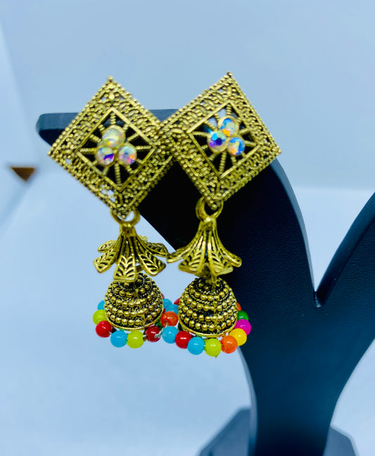 Traditional Antique Jhumka Earrings with Colorful Bead Accents | Ashalite