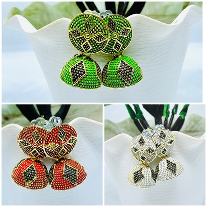 Traditional Jhumka Earrings Combo Green Red White by Ashalite — 3 pairs jhumka India