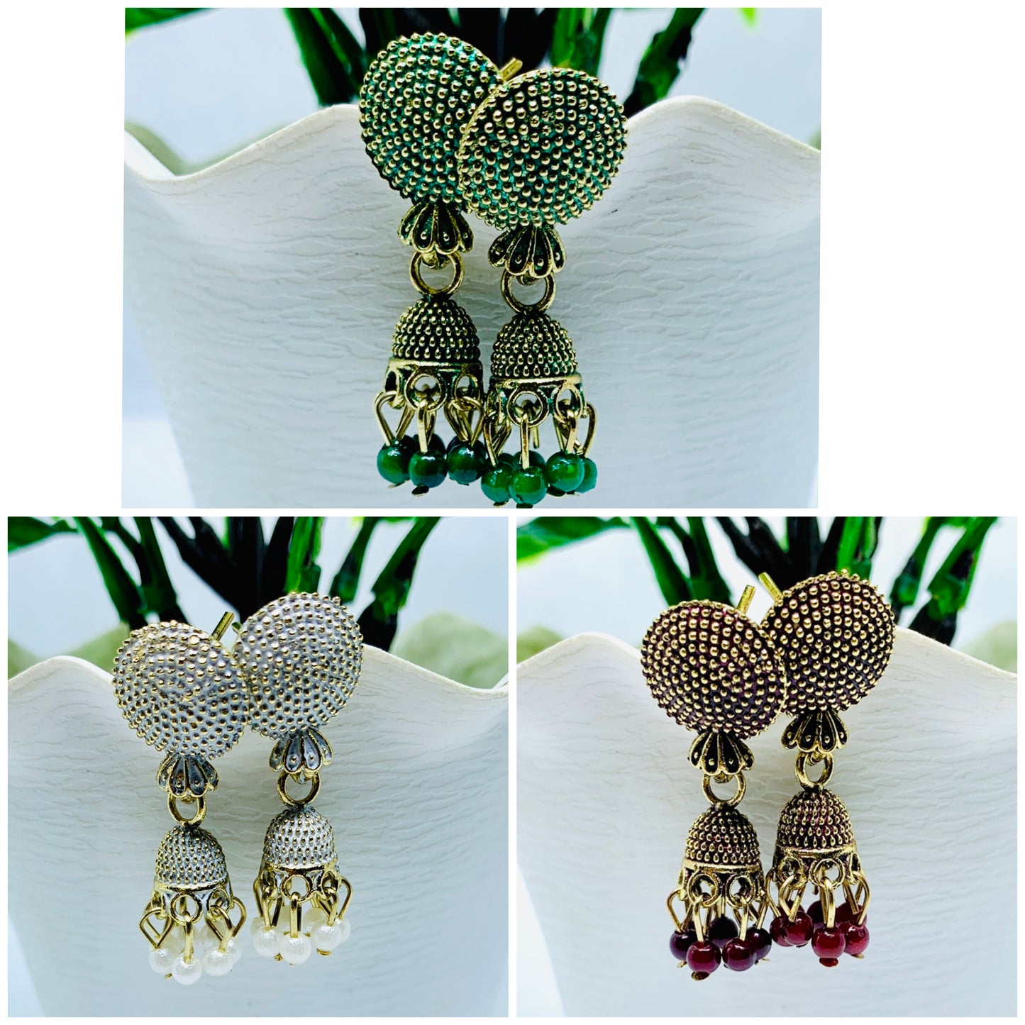 Combo of 3 Gold-Plated Jhumka Stud Earrings – Green, Red, and White Beaded Set