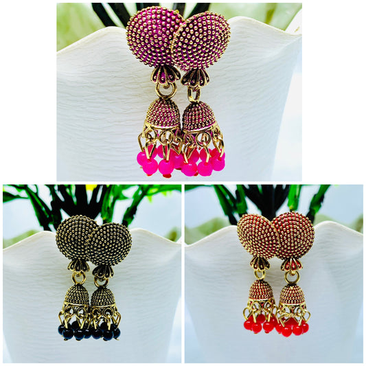 "Elegant Combo of Three Jhumka Earrings - Pink, Black & Red Beads"