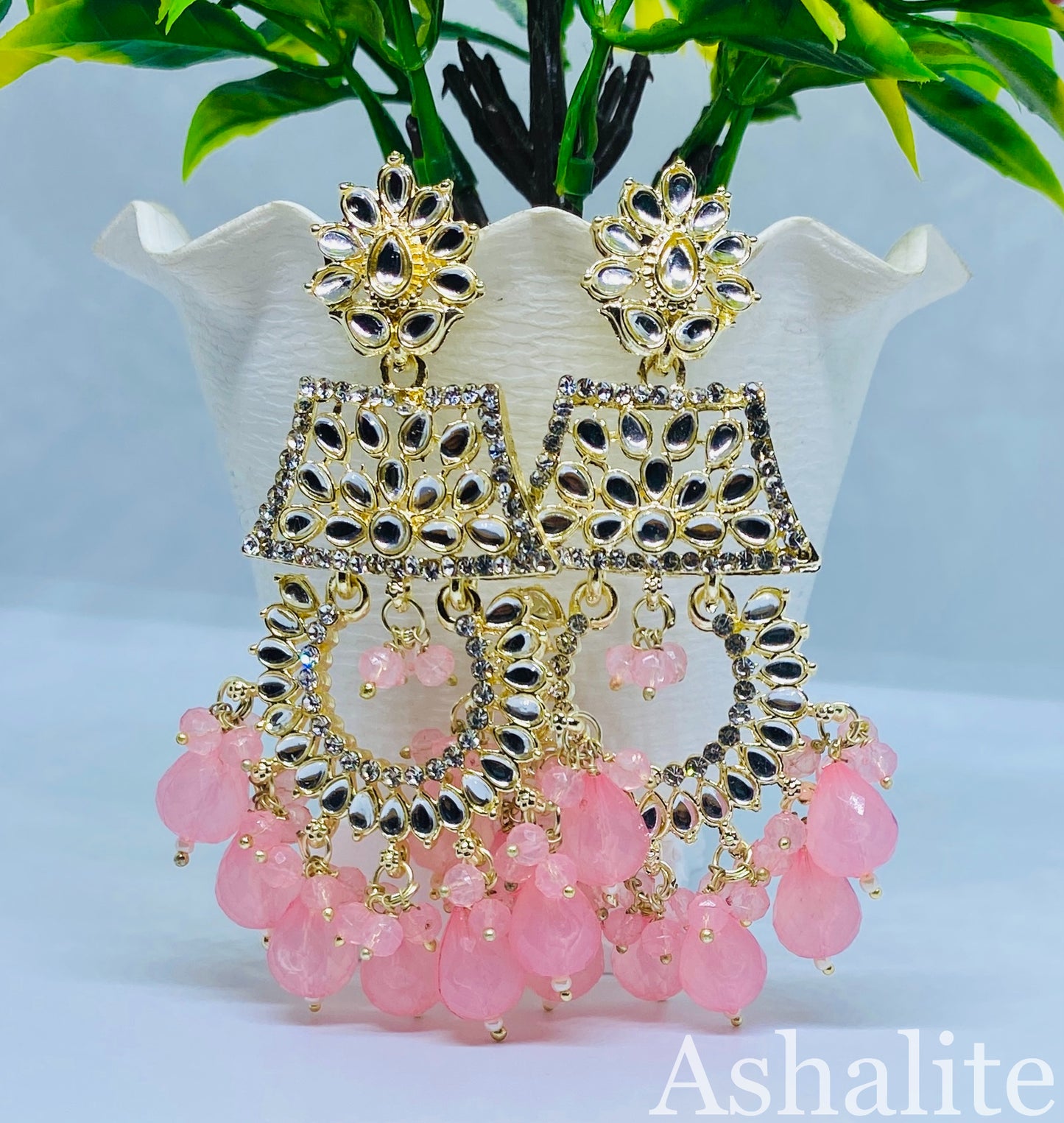 Elegant Pink Beaded Gold-Plated Chandbali Earrings with Floral Design