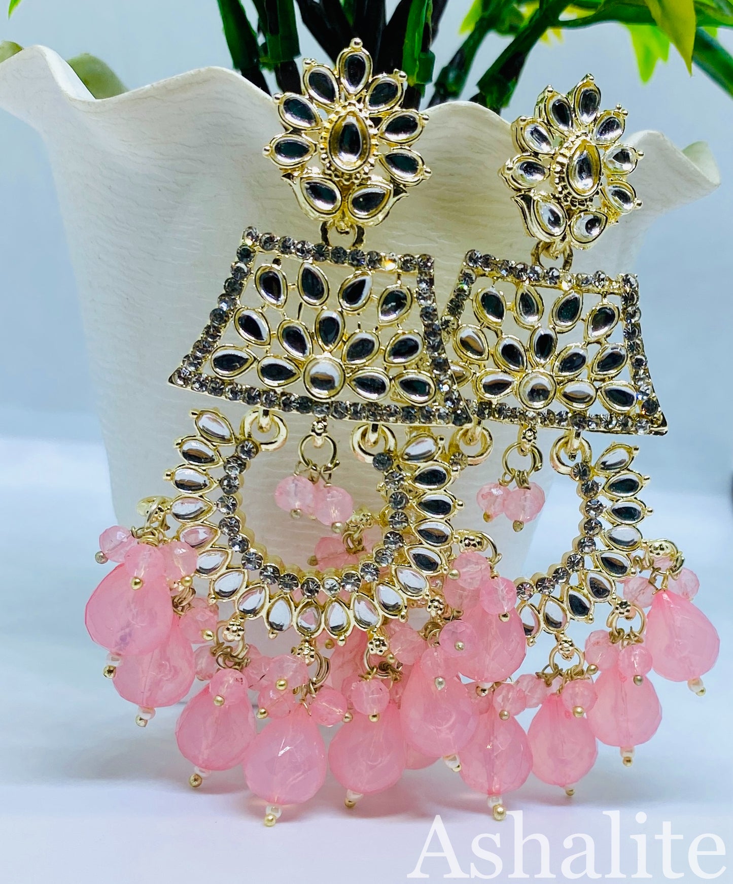 Elegant Pink Beaded Gold-Plated Chandbali Earrings with Floral Design