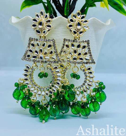 Emerald Green Kundan Chandbali Earrings with Bead Drops