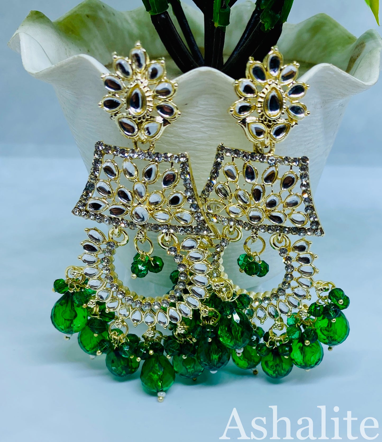 Emerald Green Kundan Chandbali Earrings with Bead Drops