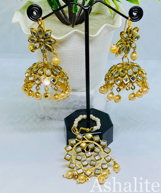 Traditional Gold-Plated Kundan Jhumka Earrings with Maang Tikka Set