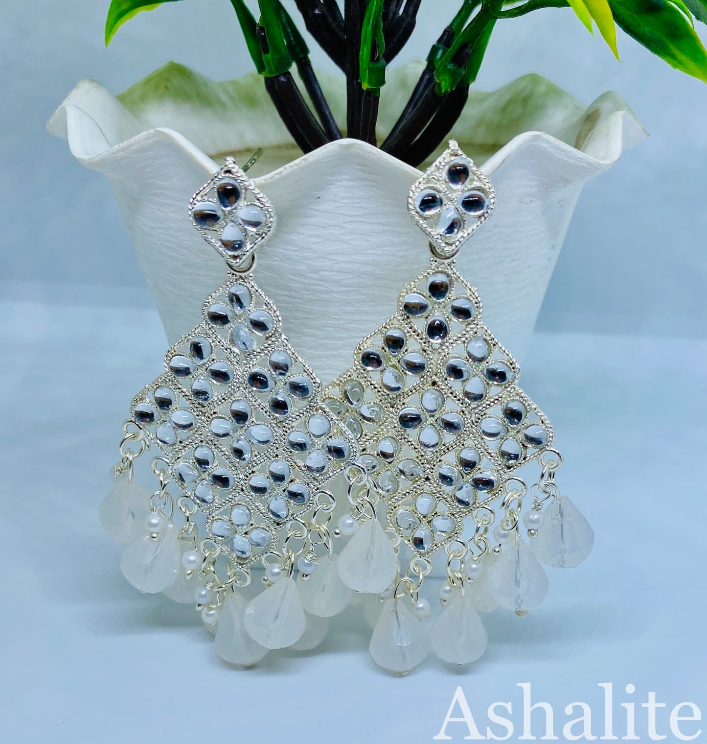 Iridescent Milky White Chandbali Earrings with Floral Accents