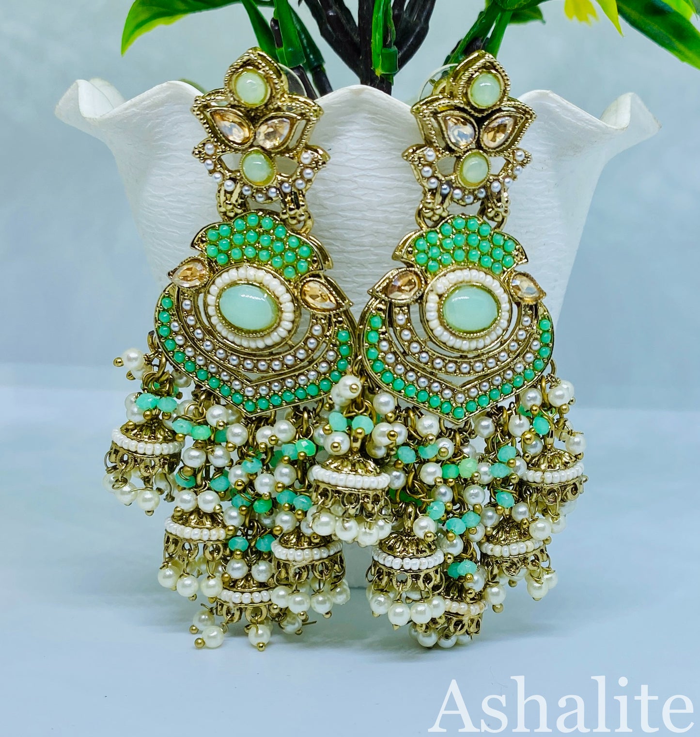 Exquisite Turquoise Gold-Plated Chandbali Earrings with Pearl Detailing