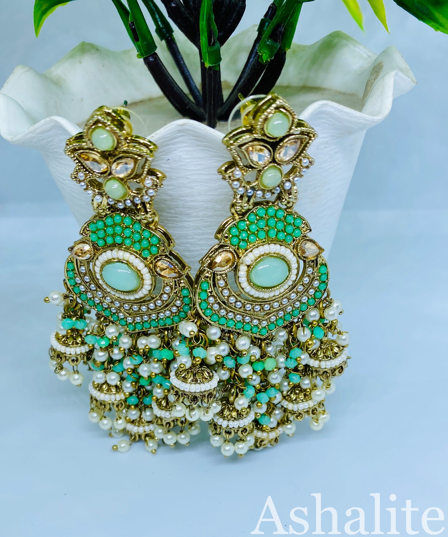 Exquisite Turquoise Gold-Plated Chandbali Earrings with Pearl Detailing