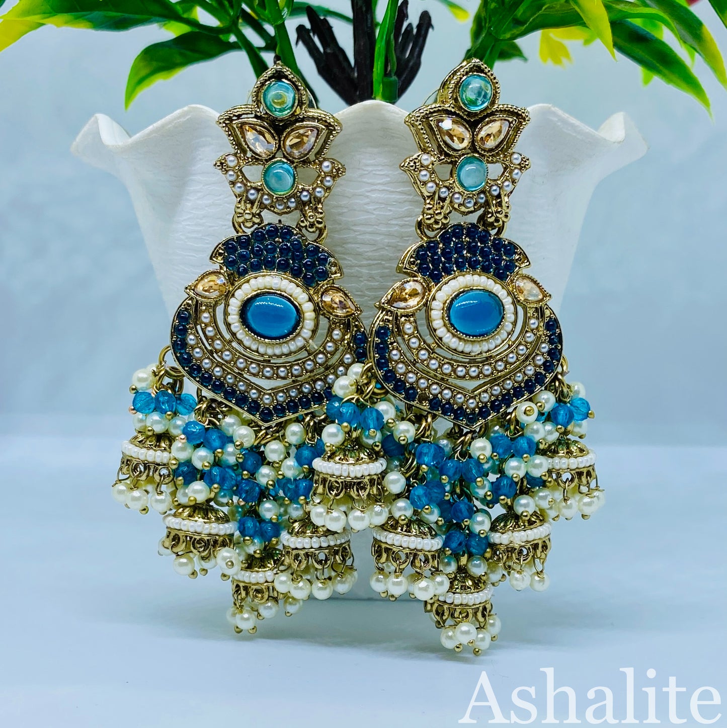 Exquisite Turquoise Gold-Plated Chandbali Earrings with Pearl Detailing