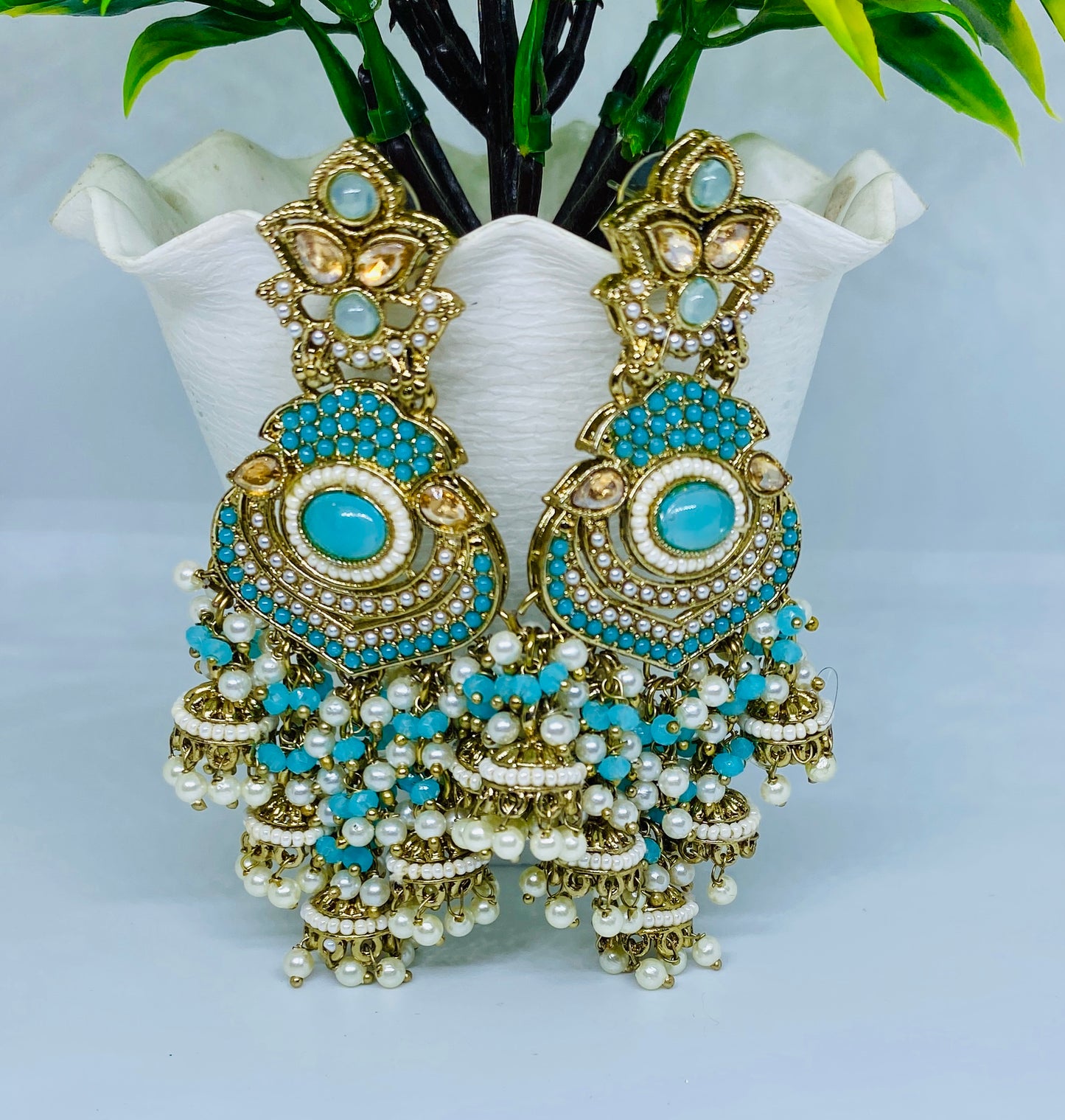 Exquisite Turquoise Gold-Plated Chandbali Earrings with Pearl Detailing