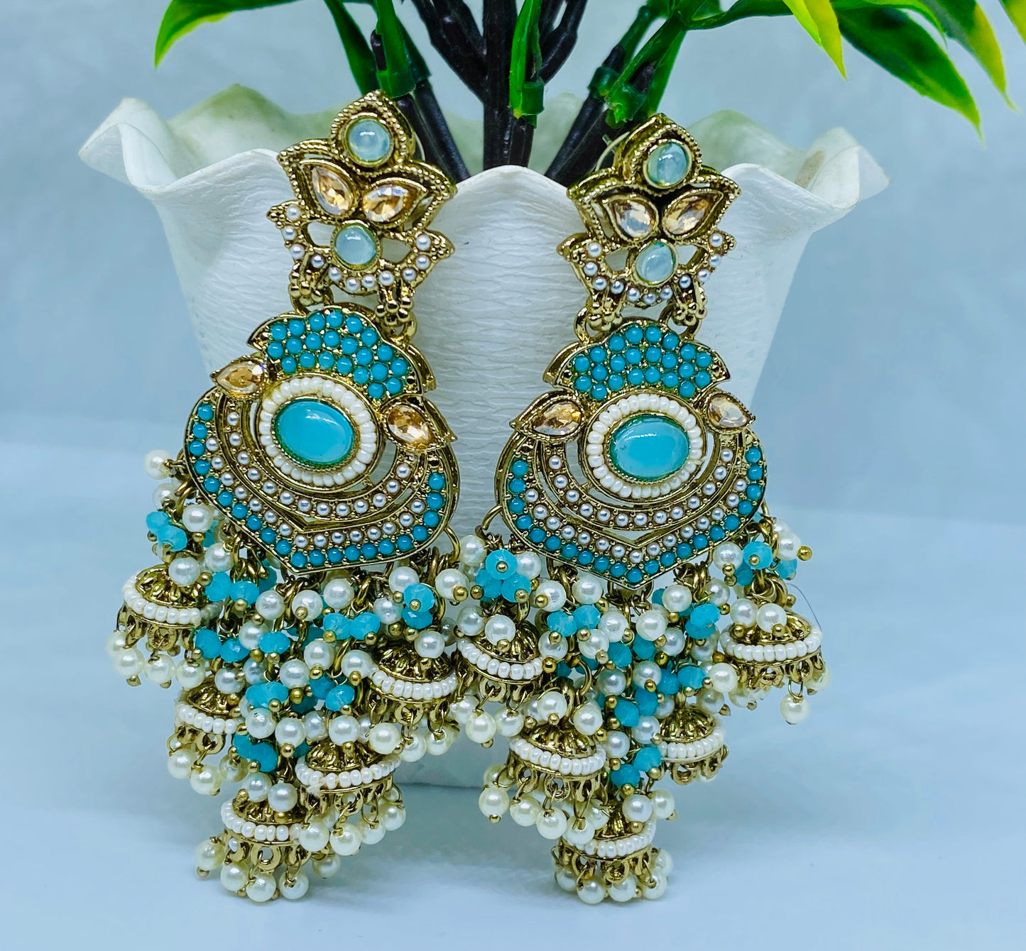 Exquisite Turquoise Gold-Plated Chandbali Earrings with Pearl Detailing