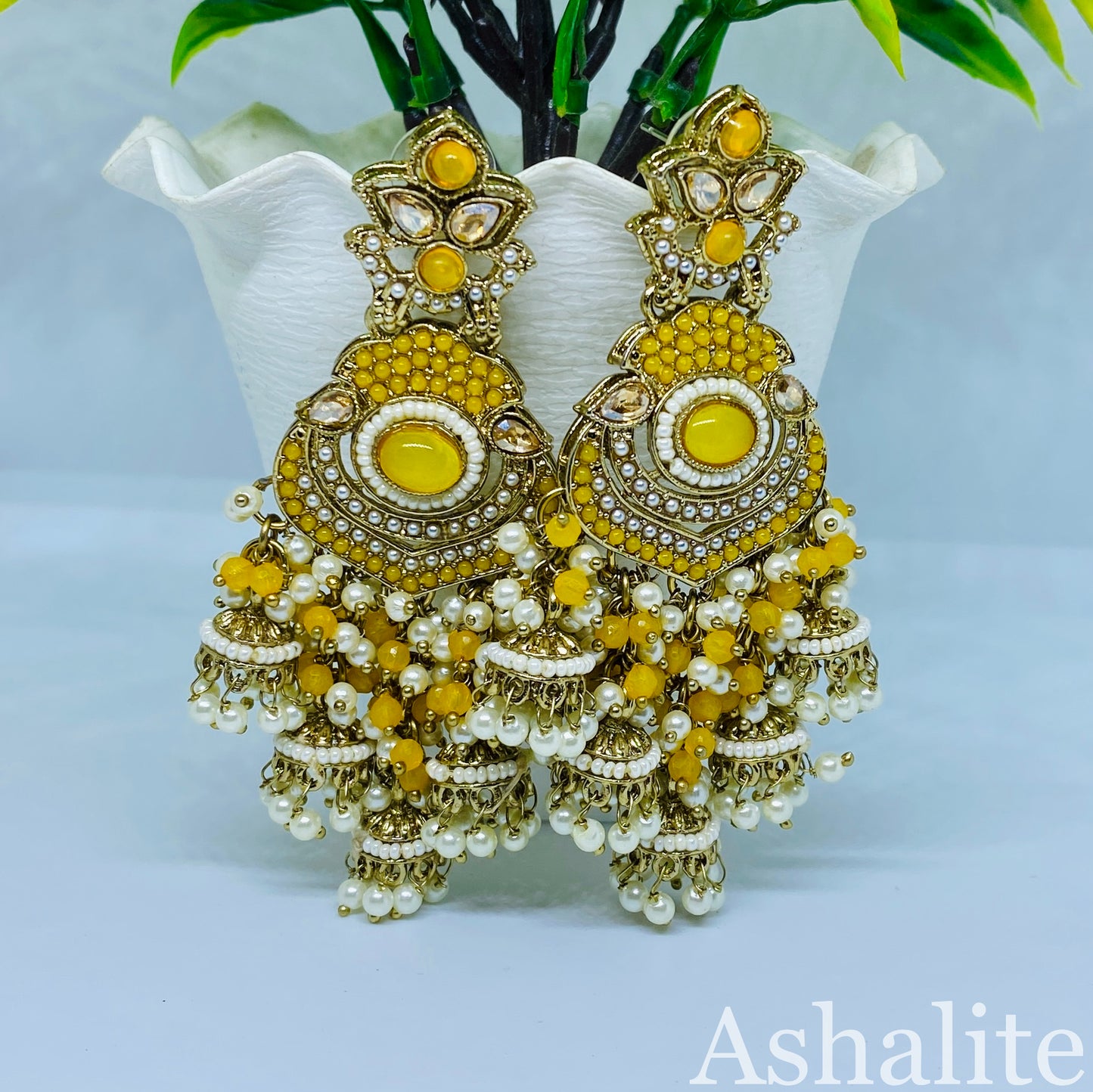 Exquisite Turquoise Gold-Plated Chandbali Earrings with Pearl Detailing