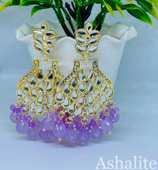 Lavender Kundan Drop Earrings with Crystal and Bead Details