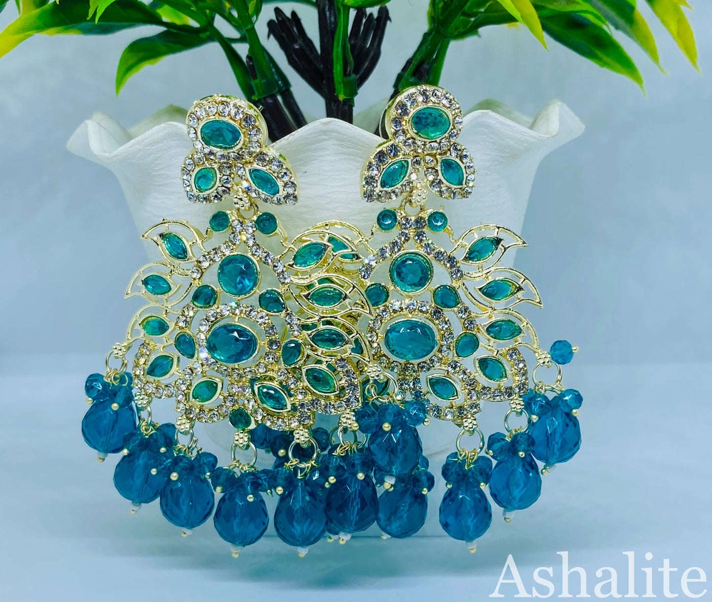 माधवी Kundan Deep Aqua Blue Chandbali Earrings