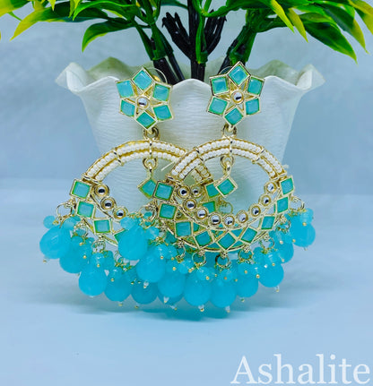 Keshvi blue Kundan chandbali front view — blue pearl earrings online India
