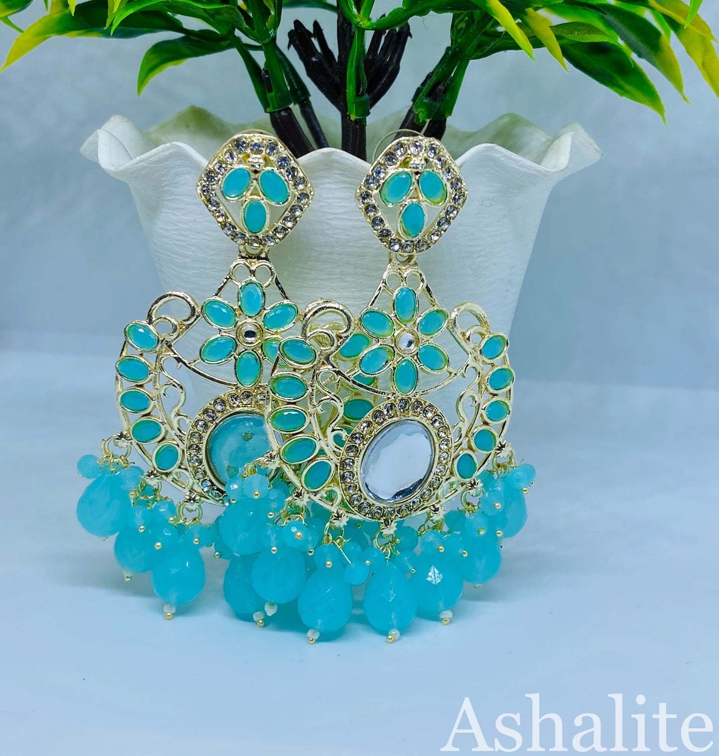 Turquoise Blue Kundan Chandbali Earrings with Beaded Drops