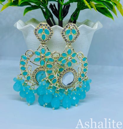 Close-up of Trilok Sundri turquoise Kundan stonework — buy chandbali India
