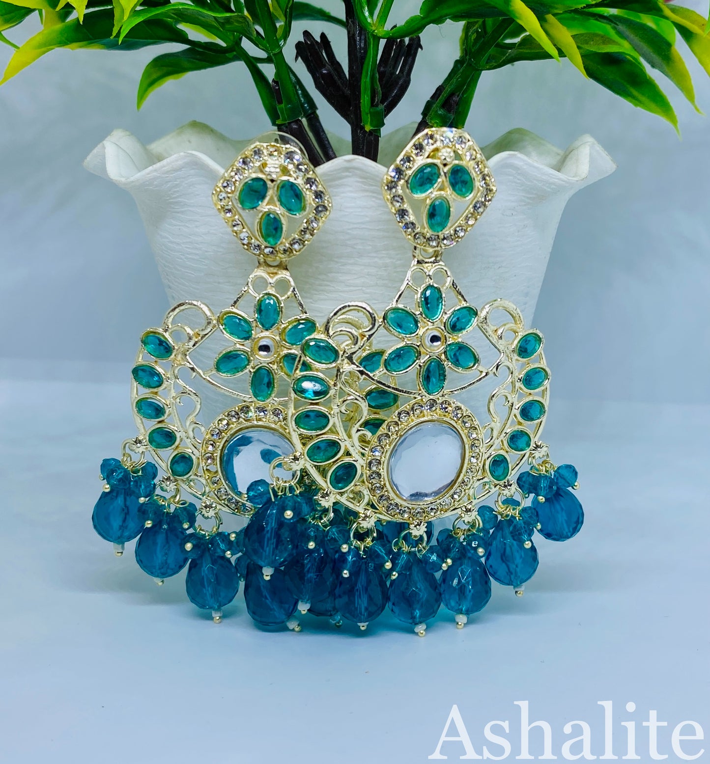 रुक्मणी Deep Aqua Blue Chandbali Earrings with Beaded Drops