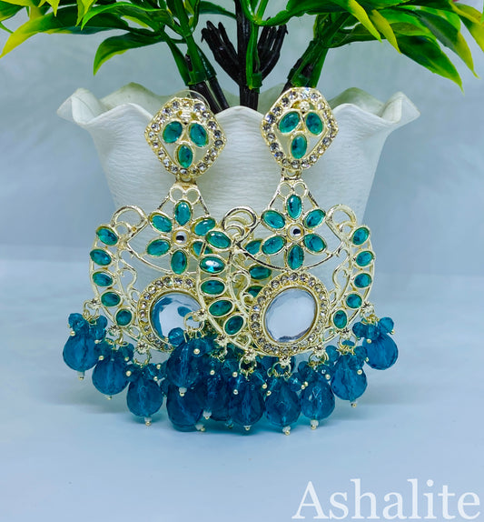 Deep Aqua Blue Chandbali Earrings with Beaded Drops