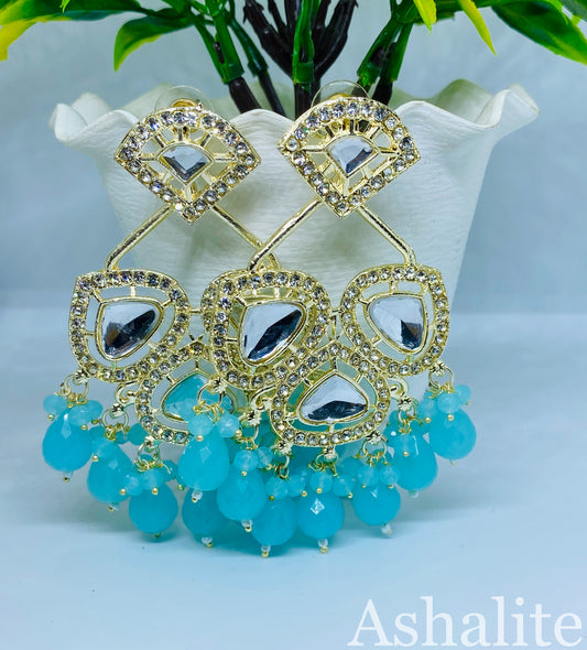 Aqua Sky Blue Kundan Drop Earrings with Crystal and Bead Details