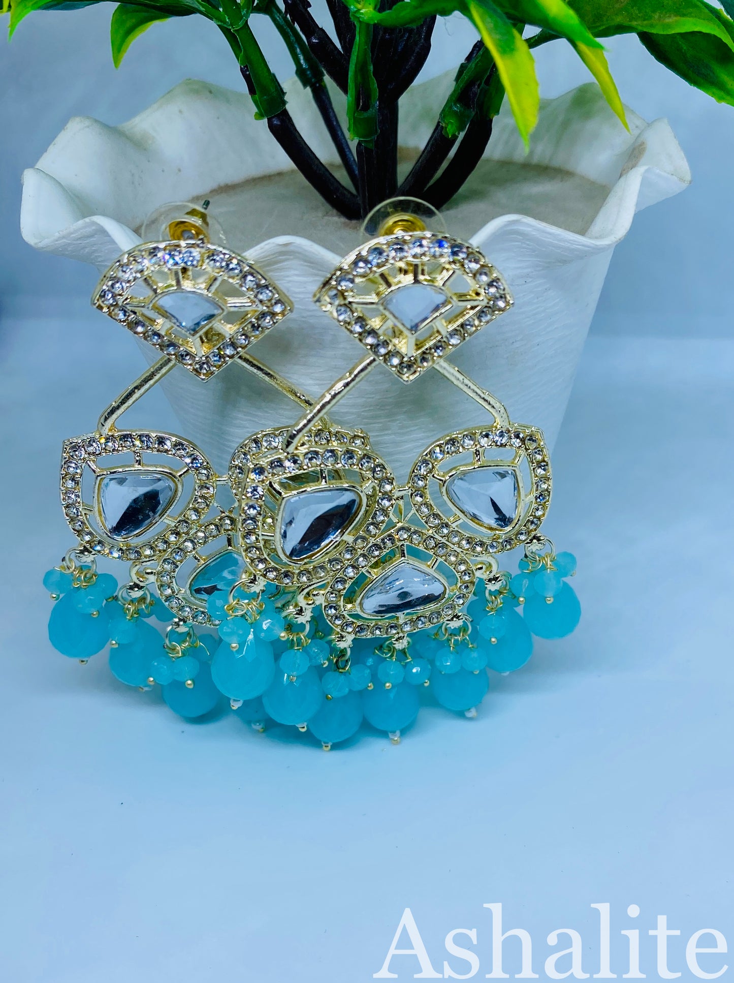 Aqua Sky Blue Kundan Drop Earrings with Crystal and Bead Details