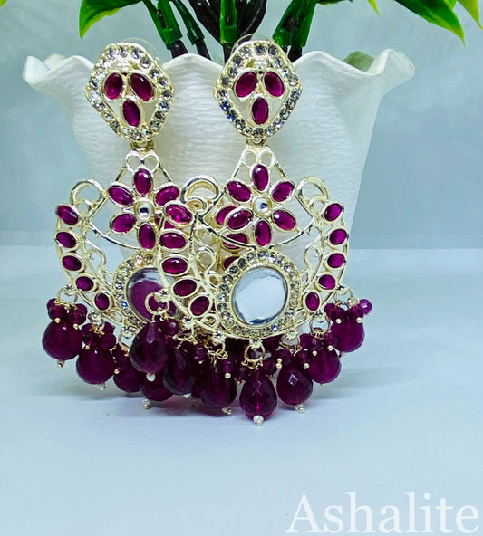 Deep Magenta Kundan Chandbali Earrings with Bead Drops