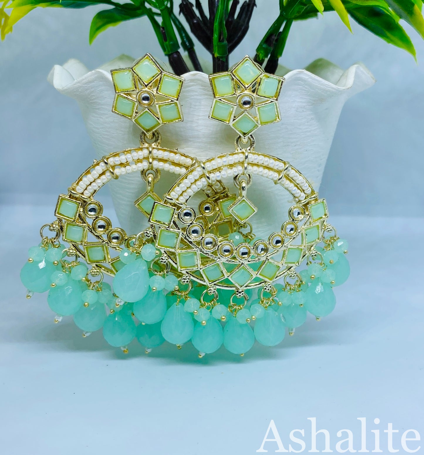 Turquoise Blue Kundan Chandbali Earrings with Pearl and Bead Detailing