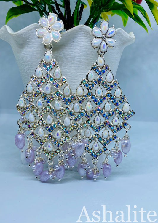 Iridescent White and Lavender Chandbali Earrings with Floral Accents