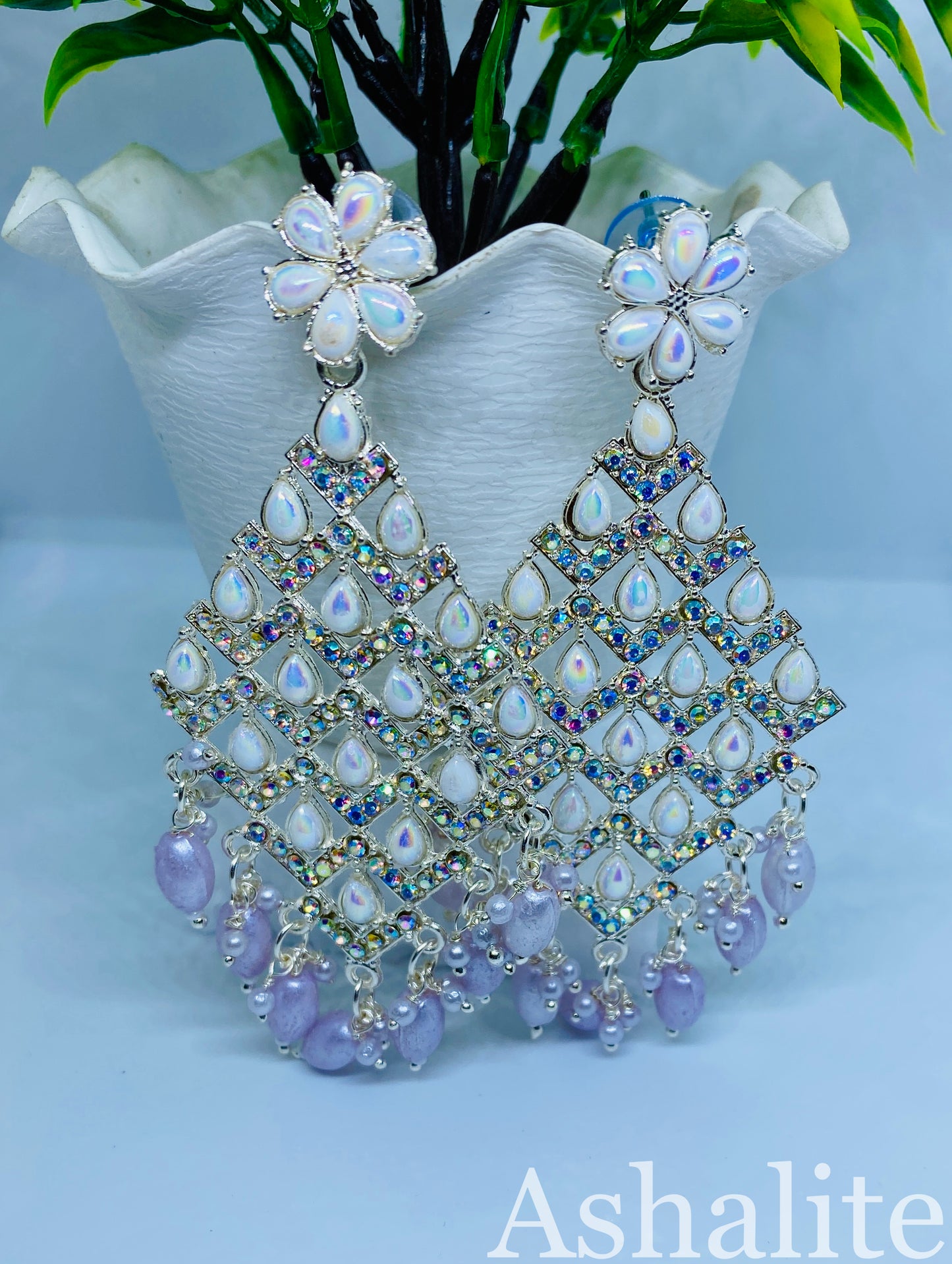 Iridescent White and Lavender Chandbali Earrings with Floral Accents