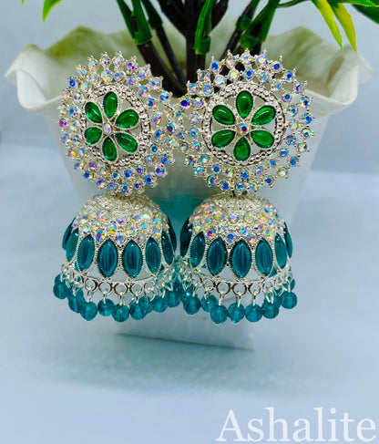 Nitya green silver jhumka front view — green silver jhumka online India