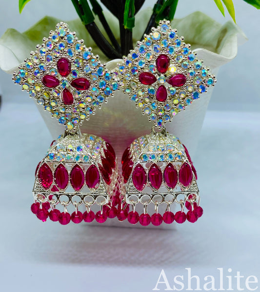 Exquisite Pink and Silver-Plated Jhumka Earrings