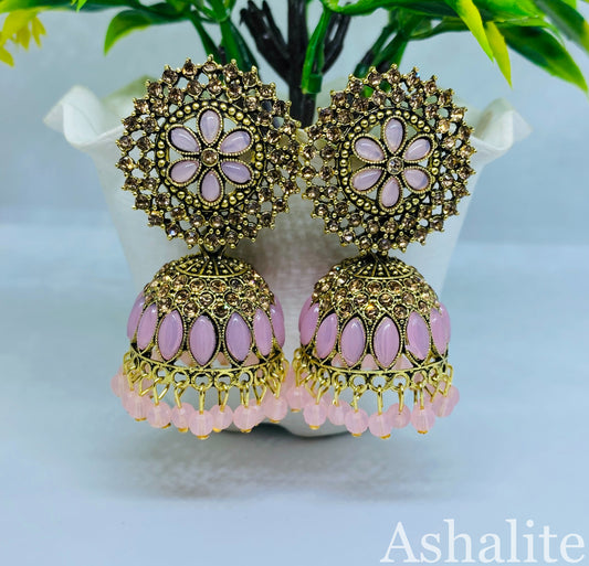 Antique Gold-Plated Pink Jhumka Earrings with Floral Motif