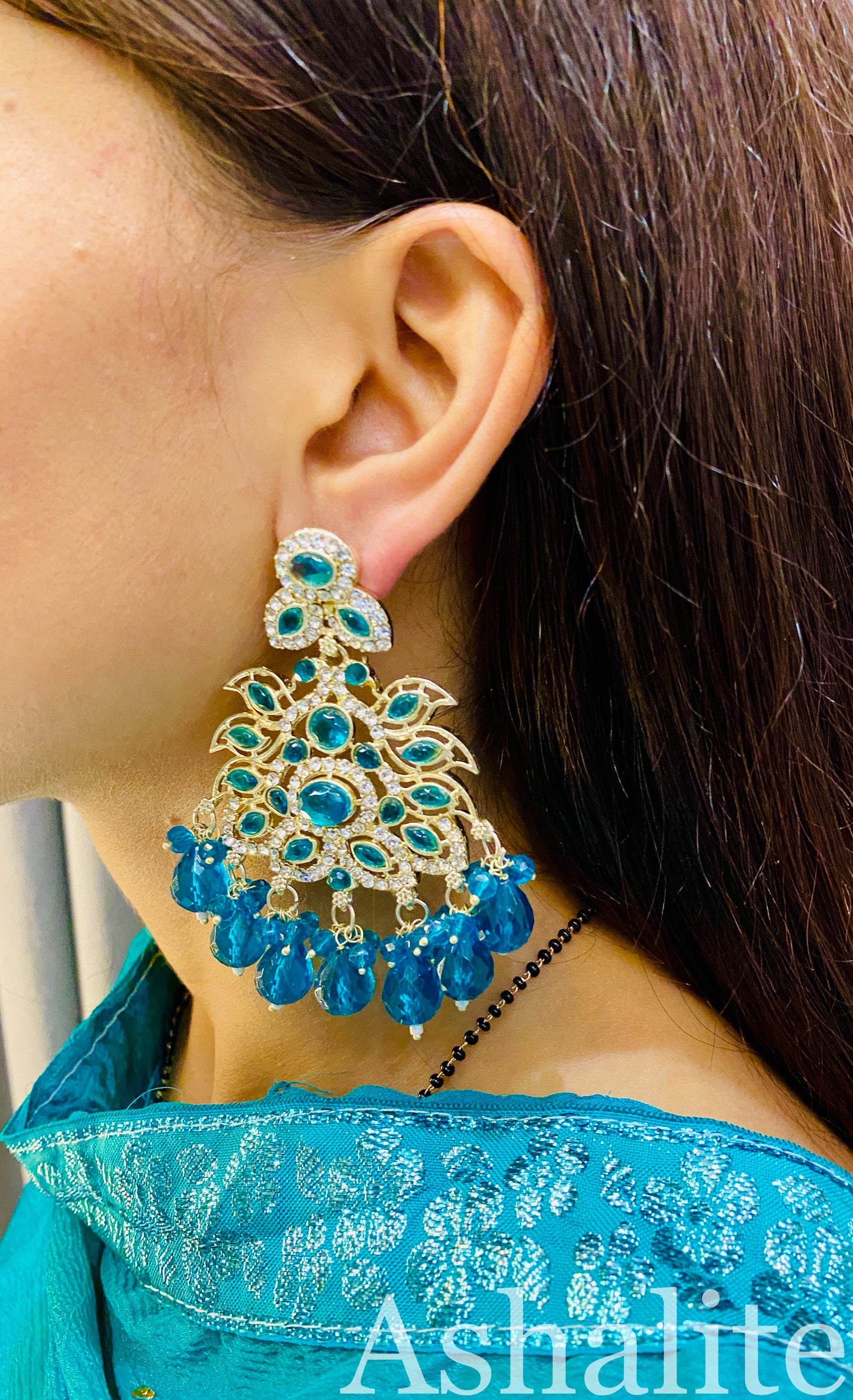 माधवी Kundan Deep Aqua Blue Chandbali Earrings