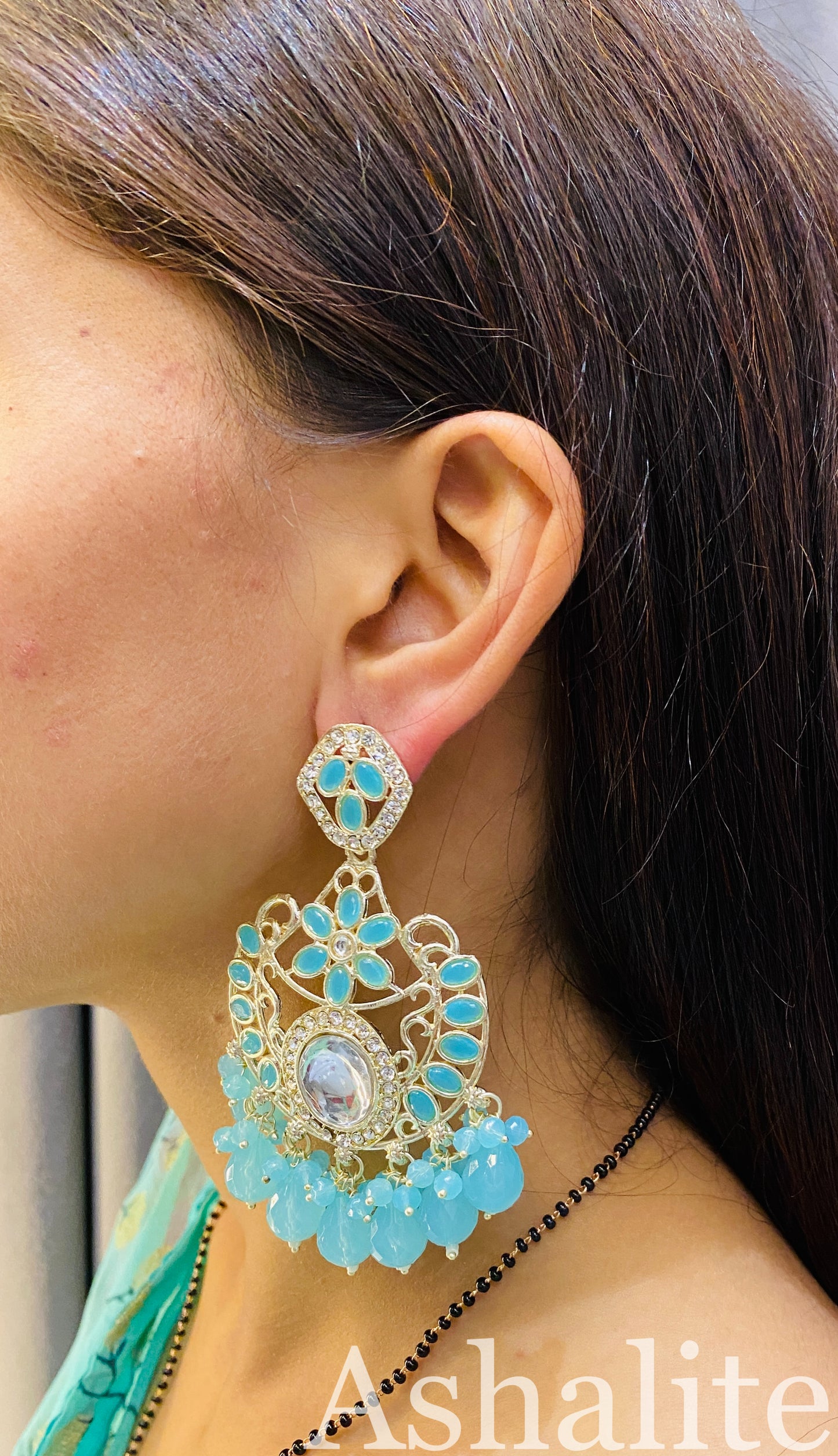 Turquoise Blue Kundan Chandbali Earrings with Beaded Drops