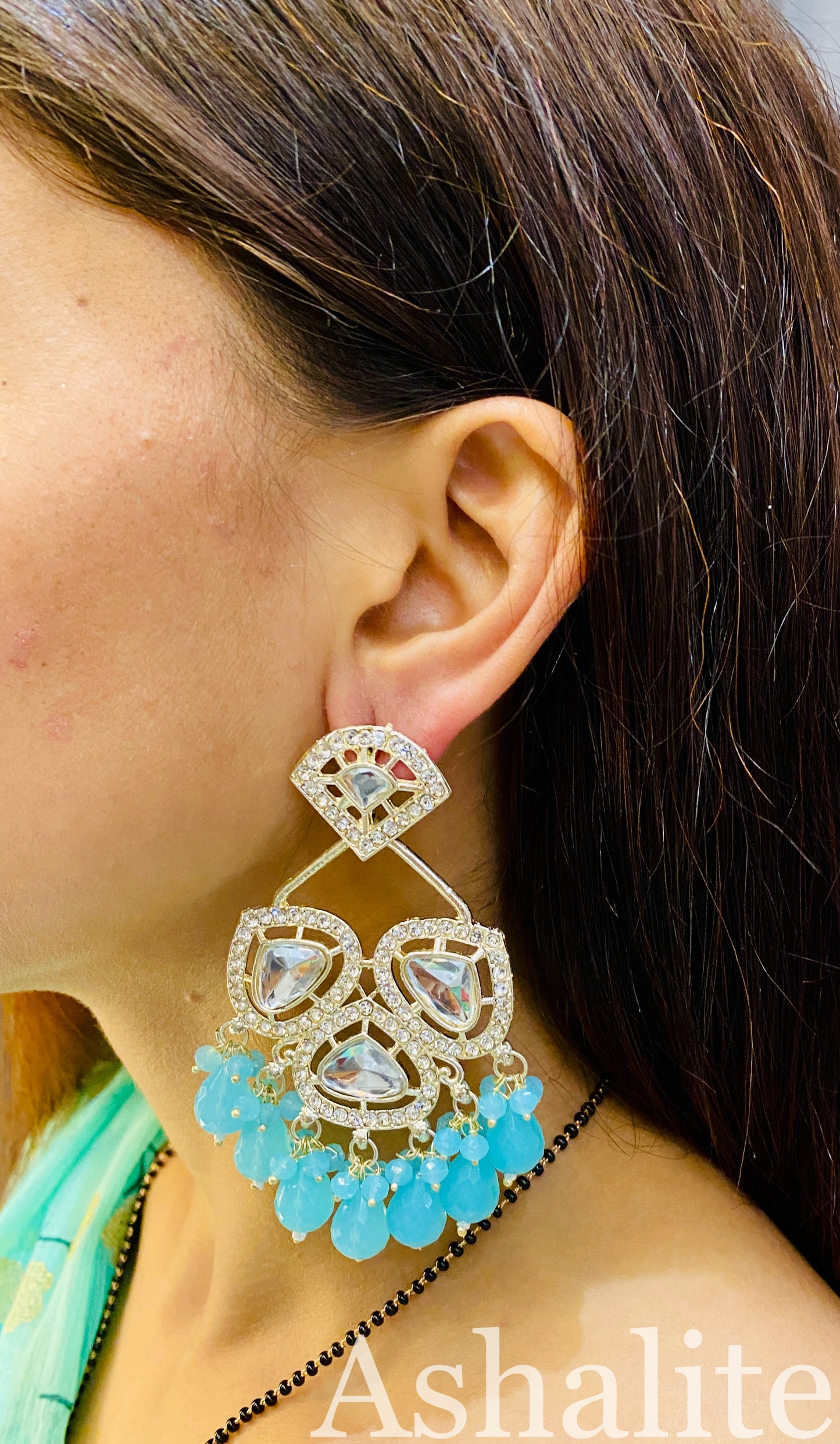 Aqua Sky Blue Kundan Drop Earrings with Crystal and Bead Details